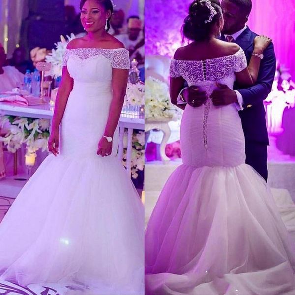 Plus size sereia vestidos de casamento sul africano fora do ombro vestidos nupciais rendas e tule varrer botão de trem de volta vestidos de casamento