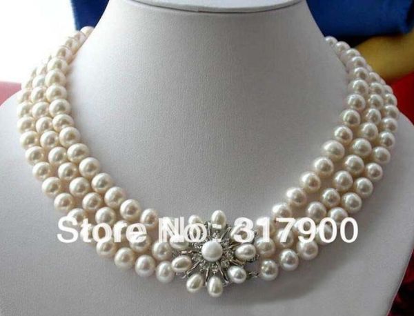 

3row 10mm white round freshwater cultured pearl necklace, Silver