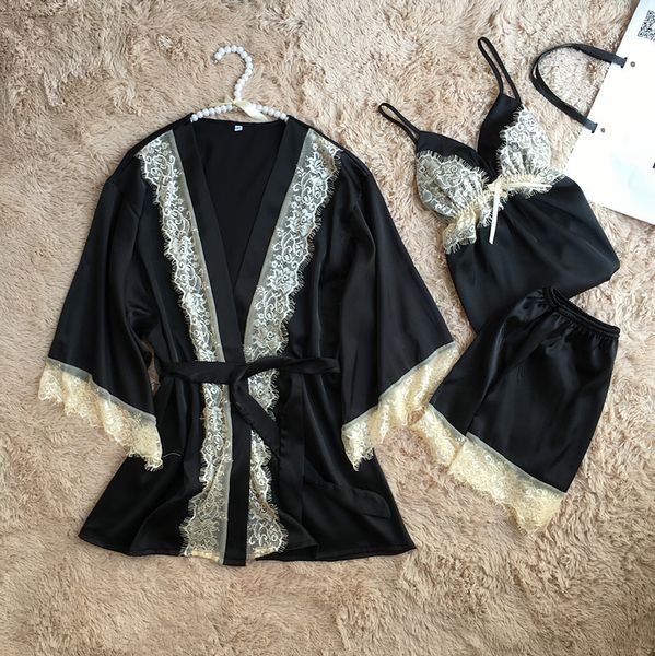 

solid women pyjamas lace sleepwear female summer satin pajamas for women pijama kimono elegant silk pajamas, Red;black