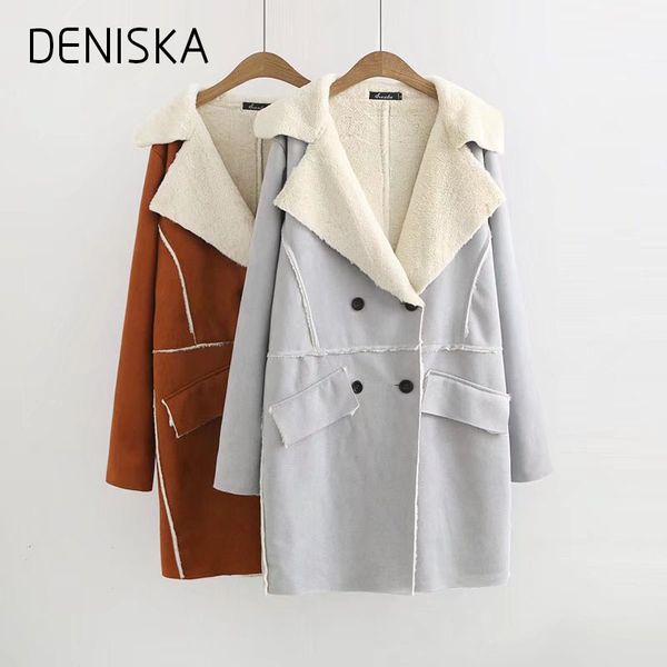 

deniska 2018 new winter coat bayan kaban jacket women long double breasted deerskin lamb wool windbreaker, Black