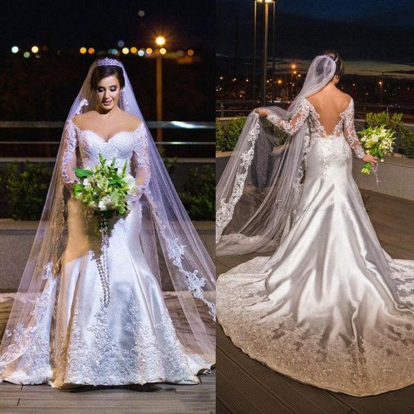 

винтаж плюс размер свадебные платья кружева аппликация с плеча спинки свадебное платье русалки атласное с длинными рукавами африканские свад, White