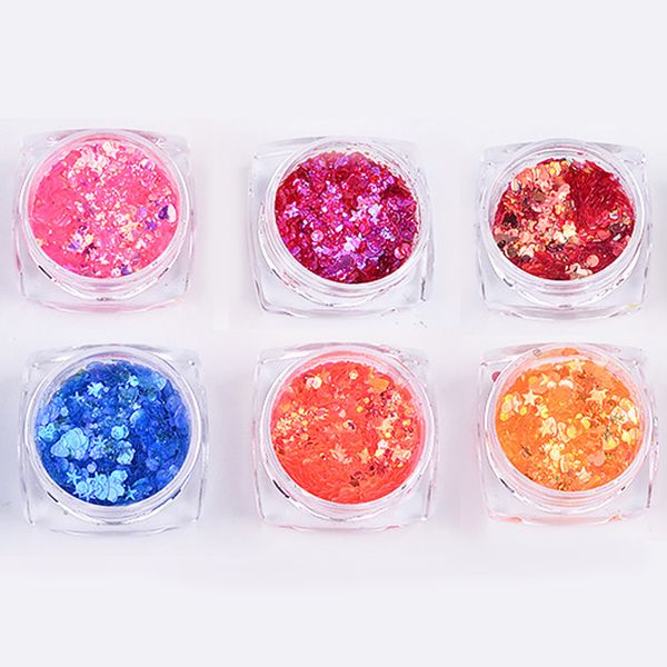 

6 boxes iridescent nail glitter ab color clear irregular star round powder nail art decoration chrome flakies sequins for nails, Silver;gold