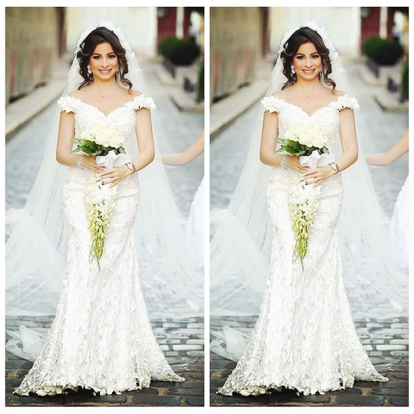 

2018 off shoulder full lace slim mermaid wedding dresses sweep train bridal gowns custom lace up back formal ladies wedding wear, White