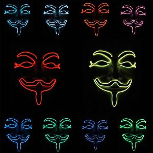 Vendita calda Maschera LED di Halloween Illumina Maschere divertenti Maschera di filo di vendetta Lampeggiante Costume cosplay Maschera anonima per brillare nel buio DHL gratuito