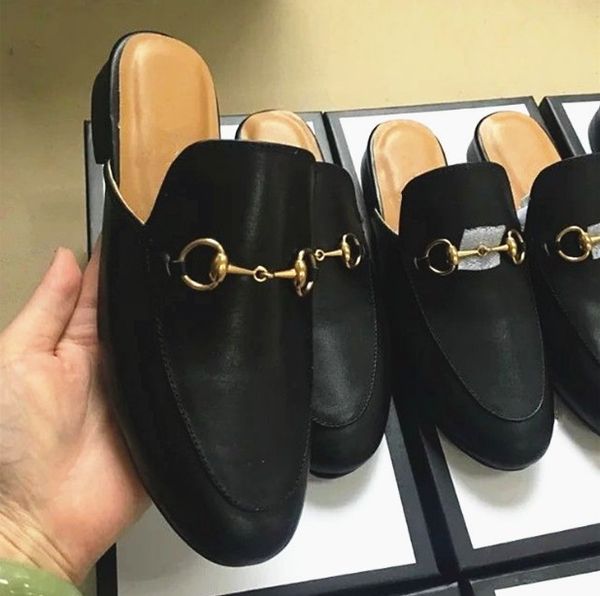 

luxury leather loafers muller slipper shoes with buckle fashion women princetown slippers ladies casual mules flats men, Black