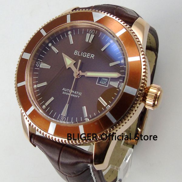 

casual bliger 46mm brown dial coffee rotating bezel luminous pointer rose gold case miyota automatic movement men's watch b94, Slivery;brown