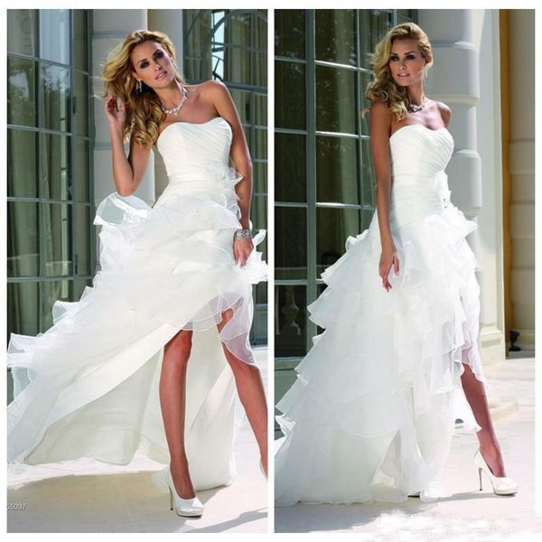 

new a line white high low wedding dresses 2017 curved neckline sleeveless cascading ruffles tiered skirts beach bridal gown
