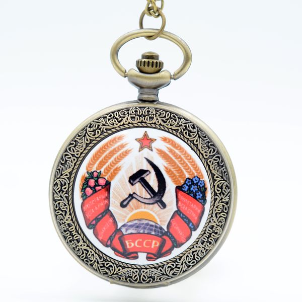 

retro ussr emblem russia soviet sickle hammer quartz pocket watch analog pendant necklace men women watches gifts reloj montre, Slivery;golden