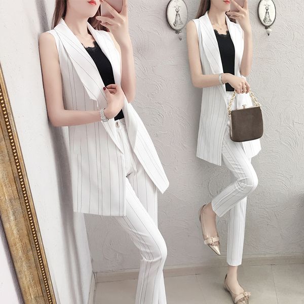 

2 piece set ladies trouser suit new fall spring fashion sleeveless vest+pencil pants elegant office female pants set, White