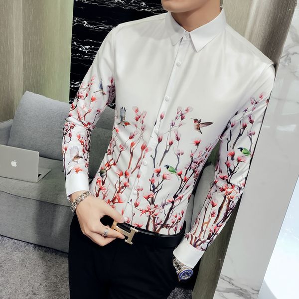 

england style mens long sleeve flower shirts s-3xl slim fit shirt men nightclub stylish elemale black & white selection, White;black