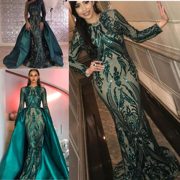 Hunter Green Sequins PROM Формальные платья с съемным поездом Роскошная пухлая юбка Русалка Ким Кардашьян Дубай Арабское вечернее платье