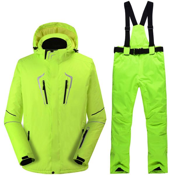

30 fluorescent green man snow suit outdoor snowboarding sets waterproof winter costumes skiing clothing jackets + bibs pants