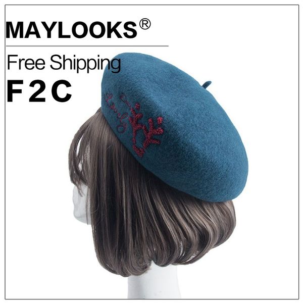 

2018 women winter new trend embroidery beret lady retro leisure street painting artist hat multi-color optional hn104, Blue;gray