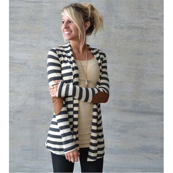 

plus size fashion autumn spring outerwear women long sleeve stripe cardigan casual elbow patchwork knitted sweater coat a10 au17, Black;brown