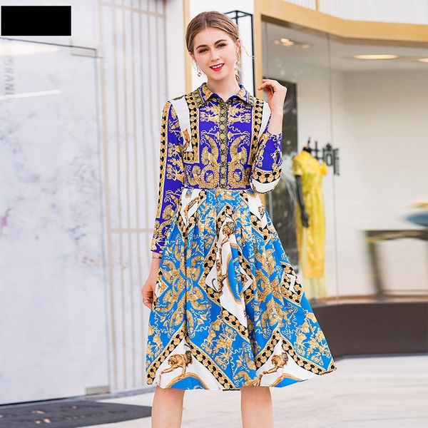

fashion elegant pleated dress autumn 2018 new office work vintage shirt dresses sweet spring women ladies party print dress xl, White;black