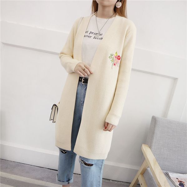 

new fashion 2018 kintted cardigans female embroidery long sleeves v neck open stitch woman loose coat sweater, White;black