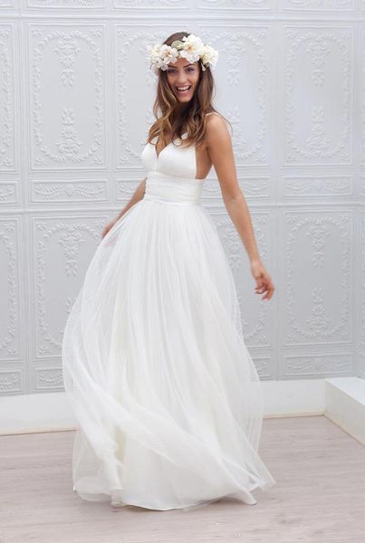 2018 Sommer Strand Boho Brautkleider A-Linie Spaghettiträger rückenfreie Brautkleider böhmische formelle Kleider für die Hochzeit