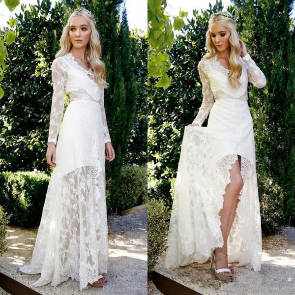 

Bohemian Wedding Dresses Front Split Lace Formal Dresses Custom Made Long Sleeves Bridal Wedding Gown Beach Vestidos De Novia