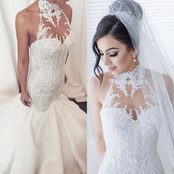 Stunning Halter Lace Mermaid Wedding Dress 2019 See Through Top