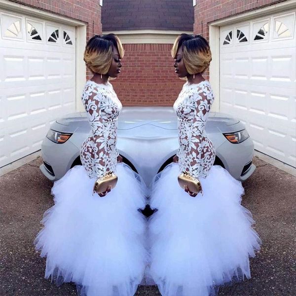

2018 new african white mermaid lace prom dresses for black girls long sleeves ruffles tulle floor length plus size evening prom gowns