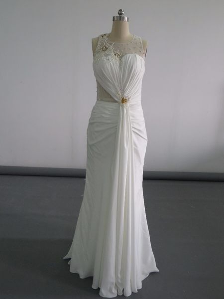 

real ps custom beaded chiffon mermaid long wedding dress with bow luxury round neck floor length illusion back zipper white bridal gown