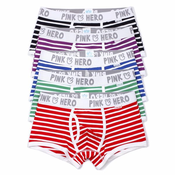 

5pcs/lot pink heroes classic fashion underwear men boxers cotton male panties striped underpants comfortable 5 color /l/xl/xxl, Black;white