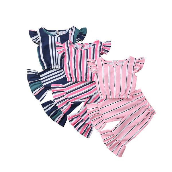 

2pcs striped summer clothes set fashion kids baby girls ruffle crop t-shirt long pants princess outfits children's clothing, White