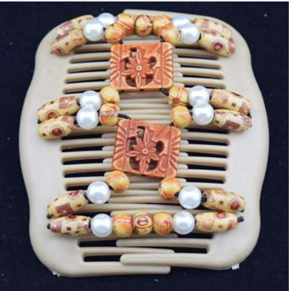 

creative hair clip vintage magic wood beads double hair comb stretchy hair clip accessories, Black;brown