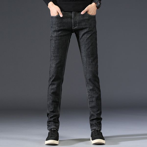 

men denim trousers men's solid color fashion new brand pants male black plus cashmere slim cotton full length jeans plus size 36, Blue