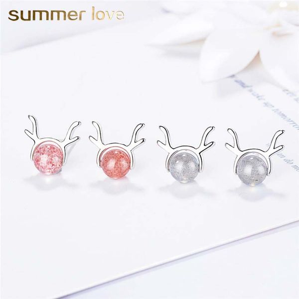 

new arrival beautiful round strawberry crystal moonstone stud earrings for women copper deer antlers earring christmas gift, Golden;silver