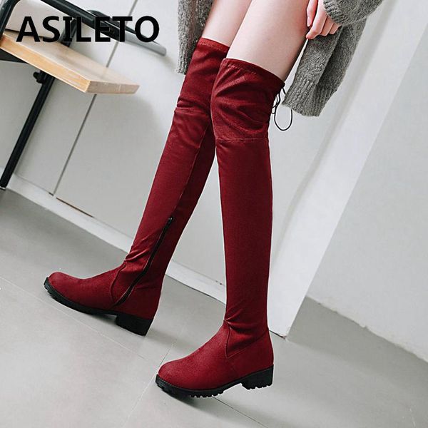 

asileto 2018 ladies autumn winter boots women boots over the knee female faux suede woman motorcycle footwear s741, Black