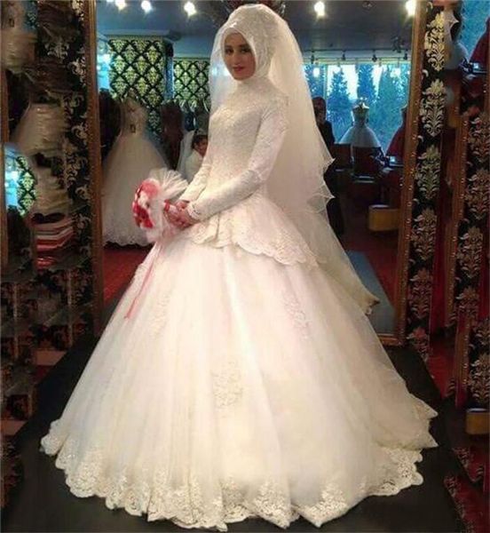 

modest lace ball gown muslim wedding dresses with long sleeve court train white tulle corset bridal gowns