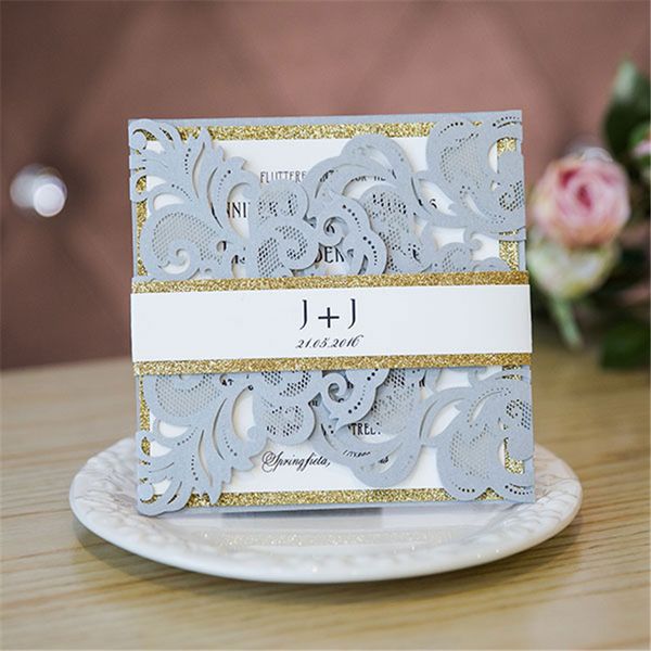 Silver Cloud Laser Cut Wedding Invitations With Glittery Bottom
