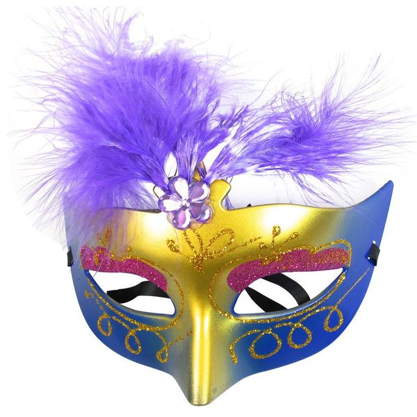 

women purple feather decor plastic fancy ball venetian mask, Black;gray