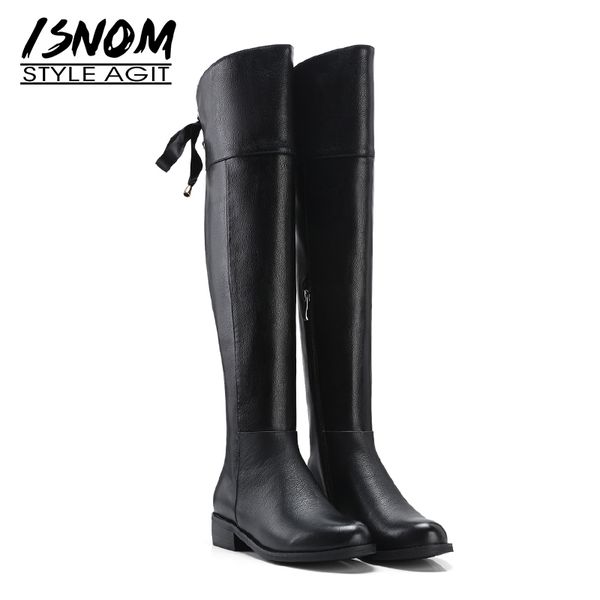 

isnom genuine leather riding women boots round toe cross tied footwear over the knee female boot thick heels shoes woman 2018, Black