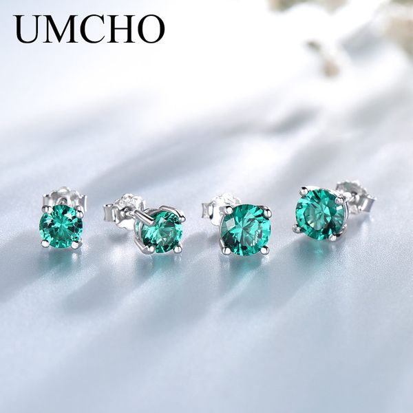 

umcho solid real 925 sterling silver jewelry created emerald stud earrings for women anniversary birthday gifts fine jewelry, Golden;silver