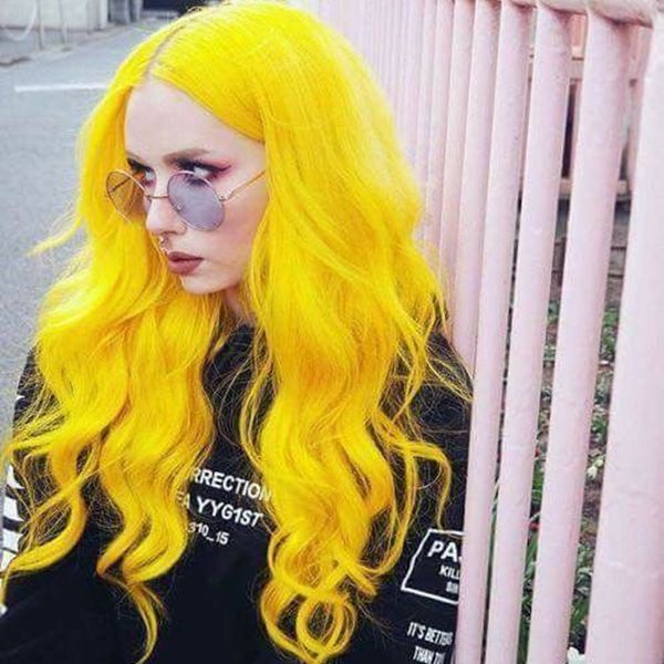 

mhazel желтый цвет волос природа волна синтетические кружева передние парики термостойкие волокна средняя часть 26in, Black