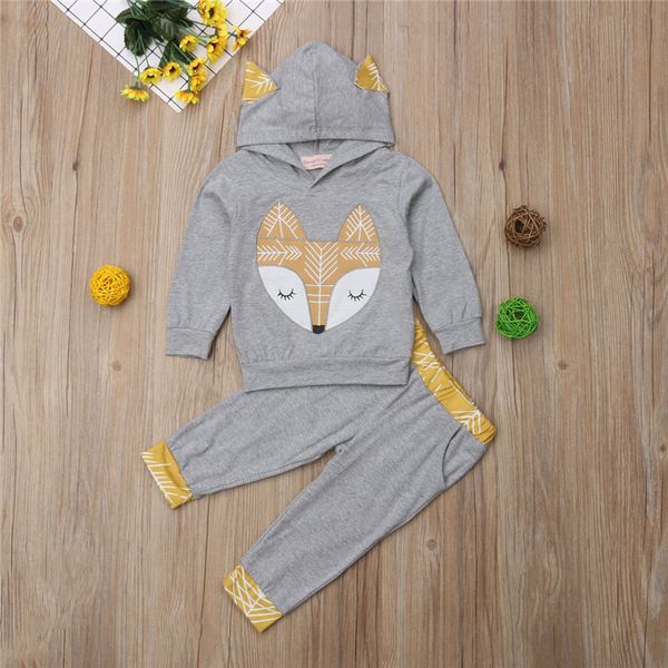 

fox warm long sleeve gray hooded sweatshirt pants boys girls clothing outfit 2pcs newborn baby boy girl clothes set, White