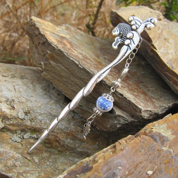 

vintage chinese hair stick alloy antique simulated silver fish & wave design porcelain bead hairwear chopstick jewelry gift new, Golden;white