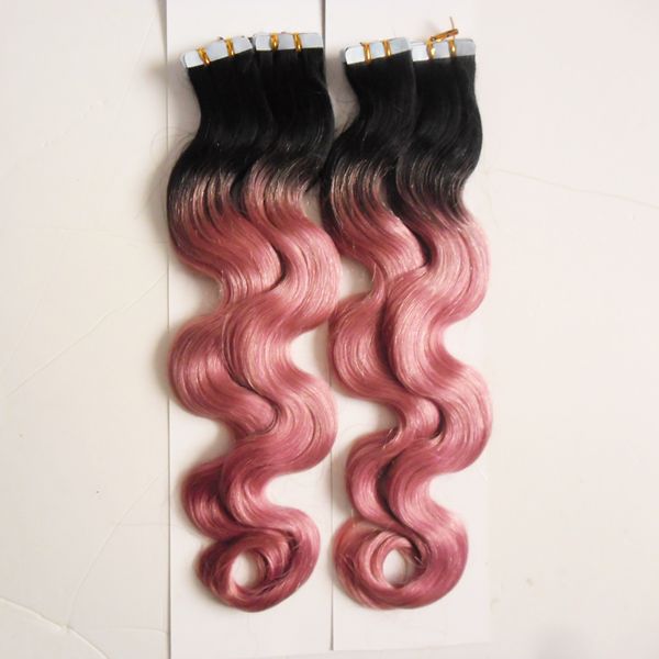 Ombre Color Tape in Haarverlängerungen Echthaar 200g 80 Stück T1B/Rosa 100 % echtes Remy Tape in Haarverlängerungen Körperwelle 10