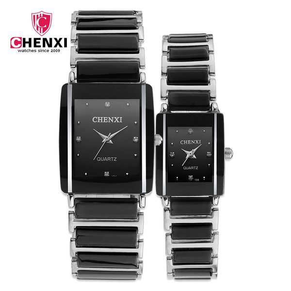 

chenxi fashion couple watches women men lover's wristwatch unique rhinestone ceramics black casual quartz gift 2 piece, Slivery;brown