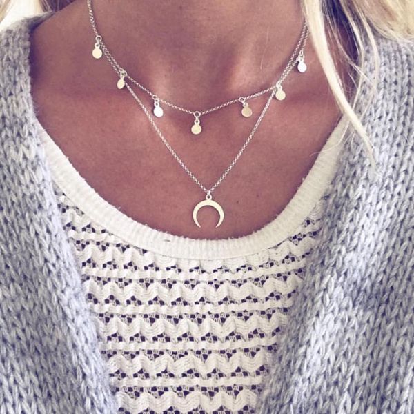 

moon coin chocker boho chain multilayer choker necklace exquisite graceful adjustable pendant necklaces for woman jewelry, Silver