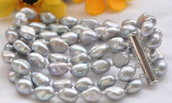 

4row 7.5" 8-9mm gray baroque freshwater cultured pearl bracelet@^noble style natural, Golden;silver