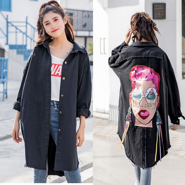 

women streetwear frayed hole denim trench coats women spring autumn single-breasted denim coat female loose casual outerwear, Tan;black