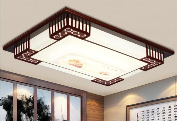 2019 New Chinese Scorpion Pine Wood Art Led Ceiling Lamp Atmospheric Rectangular Living Room Bedroom Room Solid Wood Embossed Led Light From