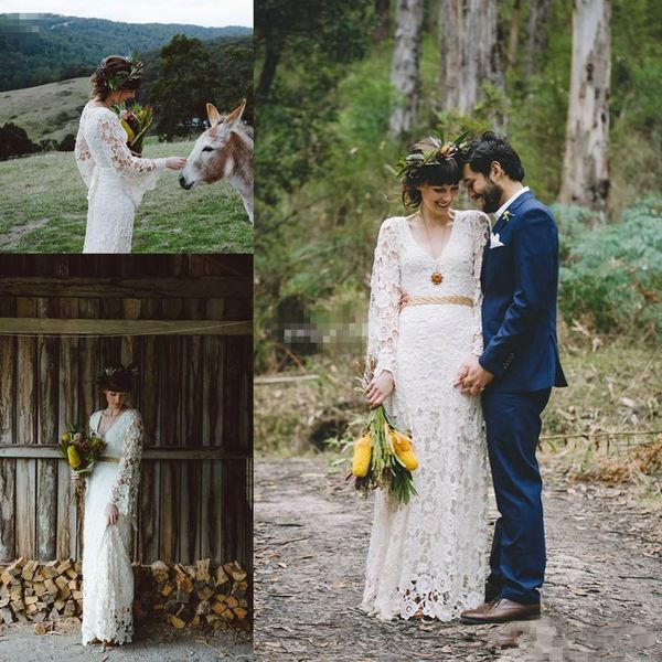 

vintage inspired hippie simple crochet lace long sleeve boho country beach wedding dresses v-neck plus size bohemian bridal gowns, White