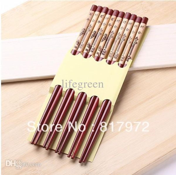 

wholesale-10 pairs red rose wood bamboo flower floral vintage painting 5 pairs chopsticks hairstick 1 set/5pairs tableware chopsticks