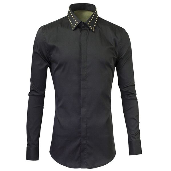 

new men's shirts fashion design metal sticky drill black dress shirts casual cotton chemise homme slim fit button down shirt men, White;black