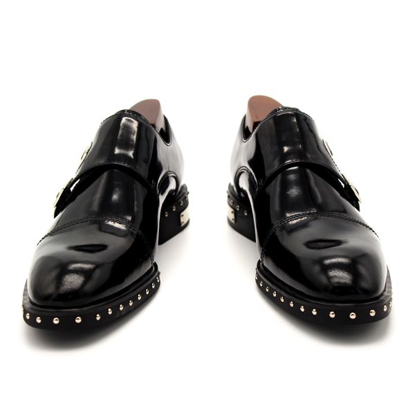 

classic monk strap gentlemen oxfords full grain leather rivets handmade mens formal business shoes flat derby shoe, Black