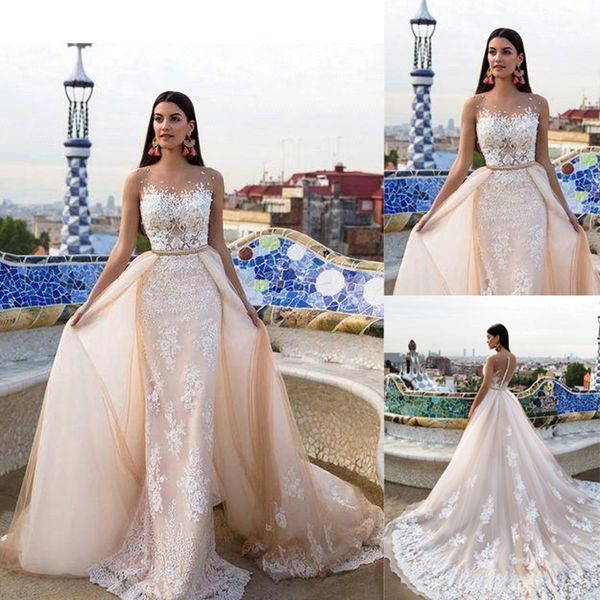 

2018 blush pink mermaid wedding dresses with detachable train illusion back lace applique sheer neck wedding gown bridal dress ba9631, White